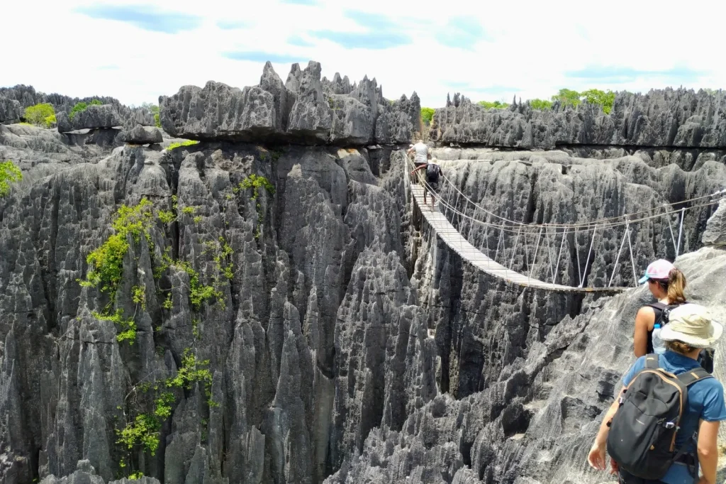 Formaciones rocosas del Tsingy de Madagascar atravesadas por un puente colgante