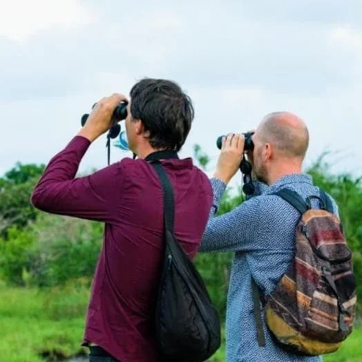 Gambia y Senegal – Casamance Dos personas de espaldas observando el paisaje con prismáticos y mochilas.